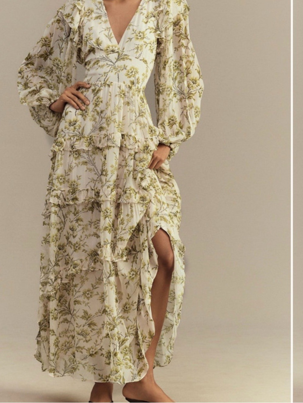 BHLDN Cream Maxi Dress with Olive Floral Print
